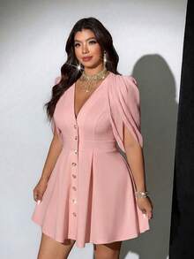 Viva Relle Plus Size Women's Spring/Summer New Arrival Elegant Sophisticated Lightweight Luxury Style Beige Apricot Cape Sleeve Dress, V-Neck Metal Buckle Waist Cinched Slimming Short Skirt. Suitable For Office Commute, Business Dating, Urban Streetwear, Sophisticated Lightweight Luxury Fashion Apparel, Minimalist Fashion Plus Size Women's Clothing. - Pink - View 5