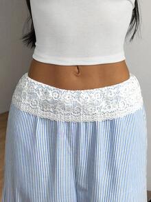 Coolane Women's Summer Country Concert Going Out Beach Outfits Boho Vacation Basic Minimalist Contrast Lace Washed 51%Cotton Blue Strip Pants Curved Hem Pants - Blue - View 3
