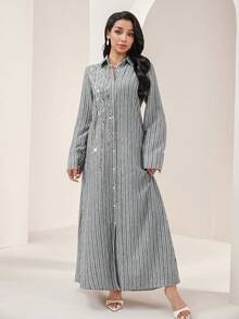 Veilorie 女款條紋亮片裝飾前開扣阿拉伯風洋裝 - 淺灰色 - 查看 2