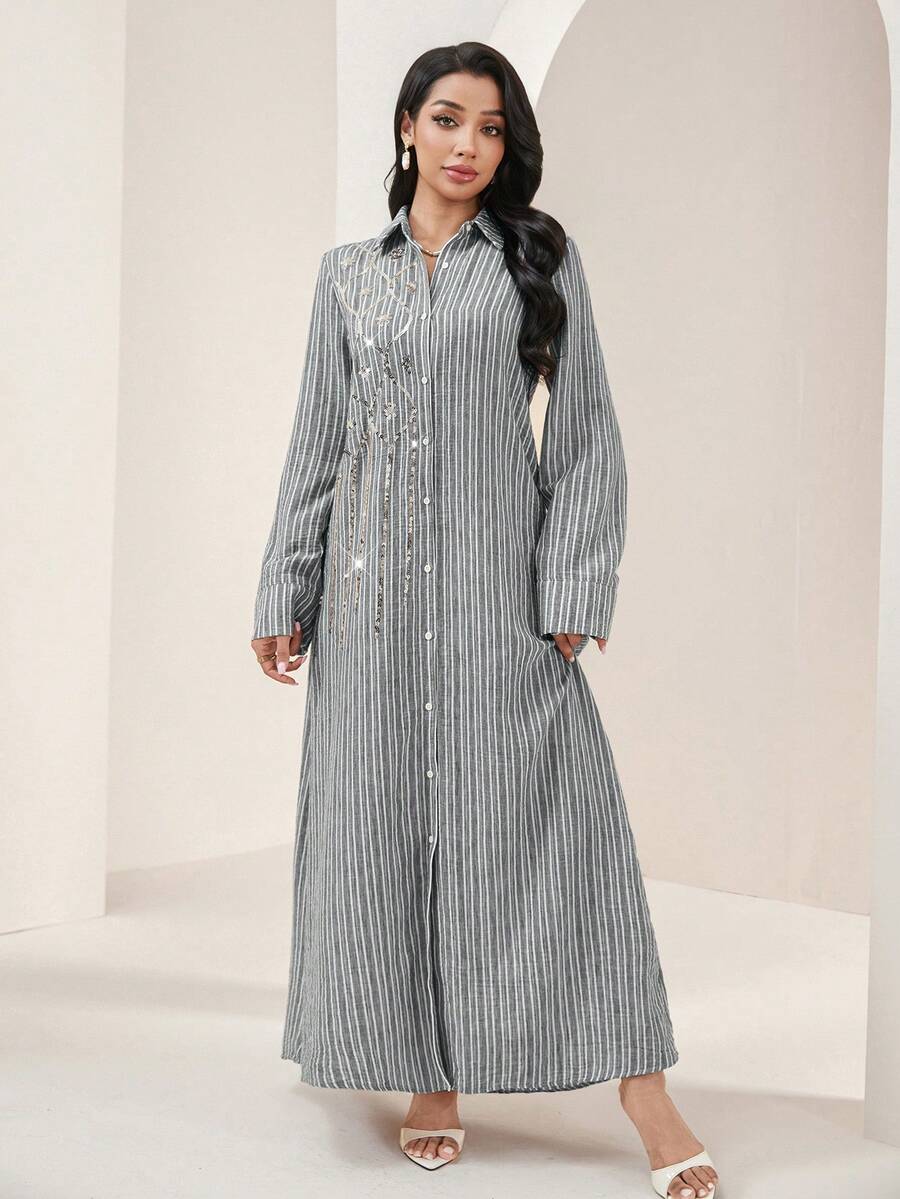 Veilorie 女款條紋亮片裝飾前開扣阿拉伯風洋裝