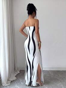 Glyssa Standard Size Elegant Women's Designed Fitted Blue And White Porcelain Print Waist-Cinching Slit Long Dress, Luxury Vintage Style, Suitable For Evening Party / High-End Cocktail Party / Brand Event / High-End Date / Anniversary Dinner / New Chinese Style / National Style Theme Event / Cultural Exhibition / Vacation / Beach / Estate Travel - Black and White - View 4