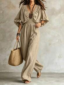 SHEIN Holidaya Ropa de verano, mono con mangas abullonadas fruncidas, cintura fruncida, cuello fruncido, cintura ceñida, pierna ancha, mono marrón, atuendo de vacaciones de verano, adecuado para vacaciones, top elegante, atuendo para salir, atuendo de playa para mujer, top elegante para mujer, atuendo de playa, adecuado para vacaciones, atuendo para salir, atuendo de vacaciones, atuendo de oficina para mujer, oficina de negocios - Caqui - Ver 5
