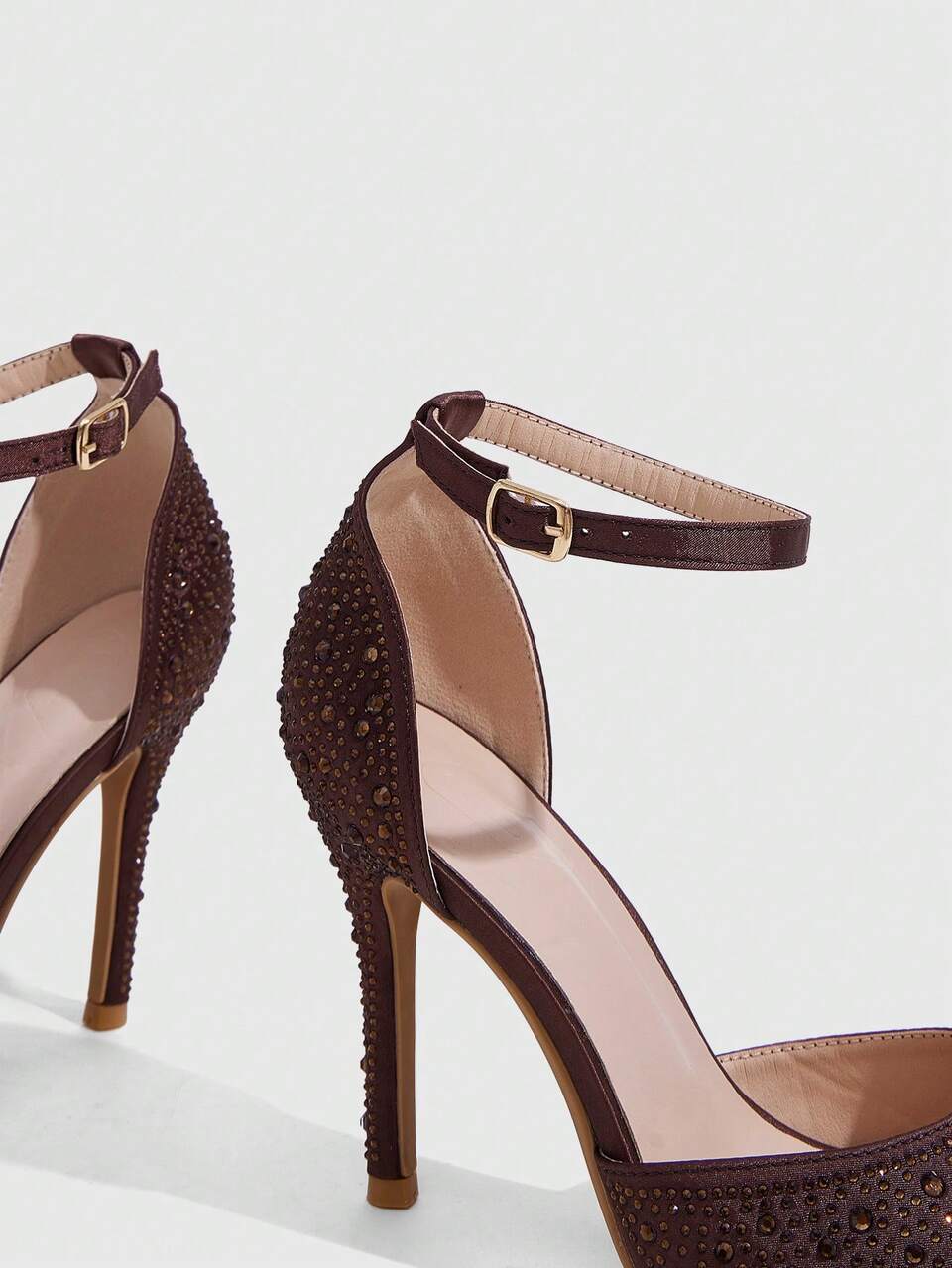 CUCCOO SZL Women Shoes Pointed Brown Rhinestones Full Diamonds Fashion Gorgeous Sexy Banquet Party Stiletto Hollow Ankle Strap Shoes