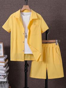 SHEIN Tween Boy Summer Casual Solid Color Shirt & Shorts 2 Pieces Set - Yellow - View 3