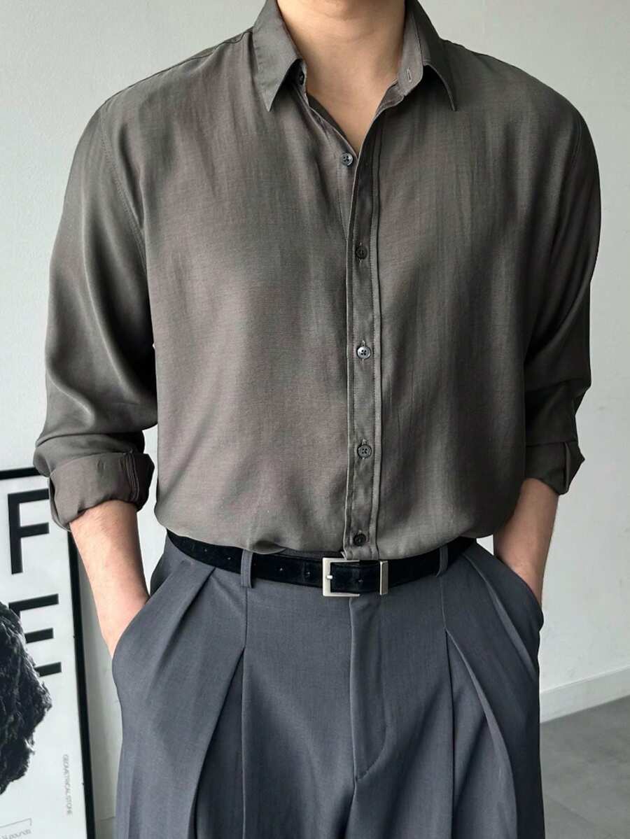 DAZY 男士長袖亞麻棕色純色輕便通勤襯衫 - 亞麻棕 - 查看 1