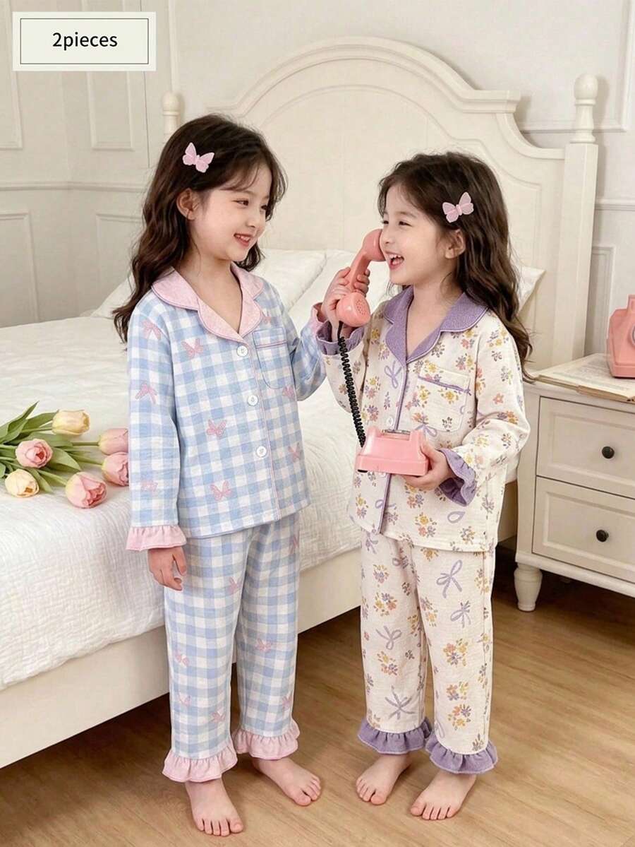 SHEIN 甜美風櫻桃與蝴蝶結印花女童幼童長袖開襟外套與長褲2件組休閒舒適居家服 - 彩色 - 查看 1