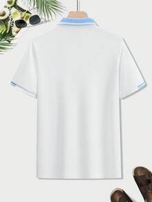 Manfinity Mode 男士高級休閒商務短袖 Polo 衫 高爾夫 白色與藍色 夏季老錢風 日常休閒 送禮 派對 度假 假期 儀式 - 白色 - 查看 2