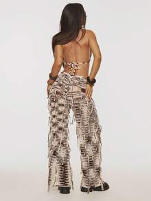 MUSERA 混編多流蘇短版賽車領上衣與低腰寬鬆長褲套裝，夏季海灘度假性感可愛波希米亞風旅行節慶穿搭 - 棕色 - 查看 2