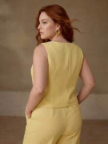 MOTF PREMIUM Gilet boutonné à fleurs texturées pour femmes grandes tailles - Jaune citron - Voir 2