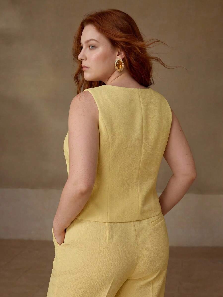 MOTF PREMIUM Gilet boutonné à fleurs texturées pour femmes grandes tailles - Jaune citron - Voir 2