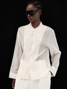 Aveloria Modichic Women's Satin Knot Button Shirt, Round Neck Long Sleeve With Cuffs, Chest Pocket, Straight Hem Top - White - View 3
