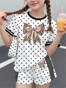 女童小女孩休閒簡約短袖上衣與短褲兩件套，適合夏季，波點蝴蝶結豹紋印花可愛短版T恤，百搭 - 彩色 - 查看 4
