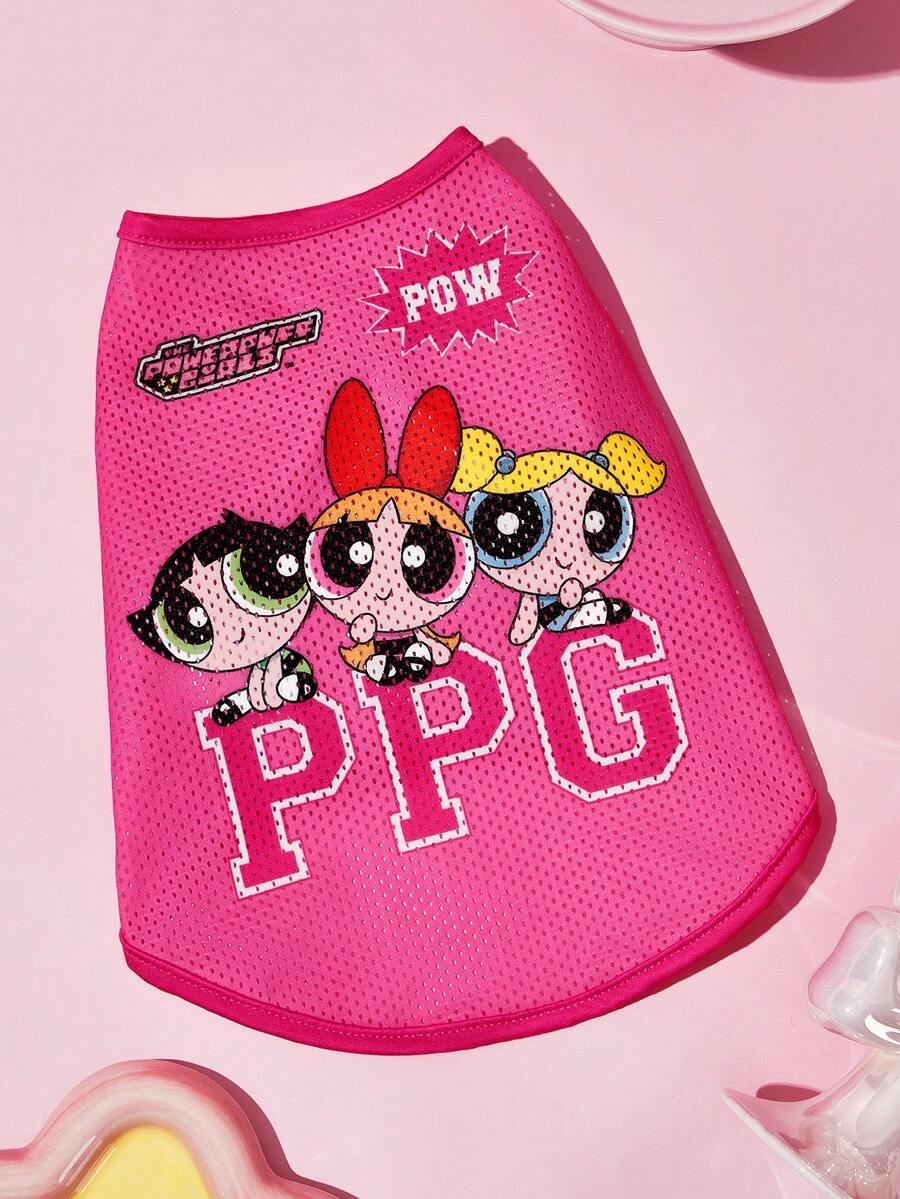 THE POWERPUFF GIRLS X SHEIN 卡通超級英雄女孩印花網眼寵物背心,透氣運動風無袖背心,適合貓咪與多尺寸狗狗 (XXS-XXXXXL),輕量適合夏季戶外活動 - 玫紅色 - 查看 1