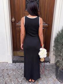 Silhoulove Women's Contrast Color Embroidered Square Neck Sleeveless Elastic Knit Maxi Dress Wedding Guest Vacation Black Summer Elegant Casual Holiday - Black and White - View 2