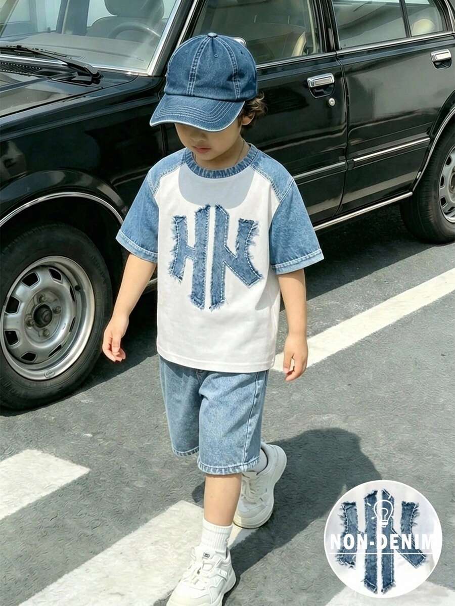 2件組青少年男孩酷炫圖案與個性化字母印花時尚T恤與運動短褲套裝,圓領短袖,適合假期派對、春/夏、休閒舒適、夏季必穿、時尚休閒穿搭、春/夏街頭風、戶外休閒穿著、返校派對,適合戶外 - 彩色 - 查看 1