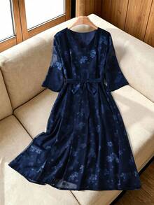 Rusticease Elegant Floral Print V-Neck Waist Knot Dress For Middle-Aged And Elderly Women - Navy Blue - View 3