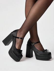 ROMWE Women Shoes Fashionable And Sexy Platform High-Heeled Shoes, Punk Style Gothic Bow Decoration With Buckle Design Women's Shoes, Spring And Autumn - Black - View 3