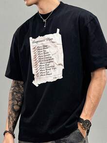 SHEIN Men's Letter Print Crew Neck Short Sleeve Casual Loose Fit T-Shirt - Black - View 4