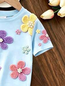 2026夏季新款女童休閒度假印花兩件套，短袖圓領T恤與長褲，淺紫色清新甜美夏日上衣下裝，適合日常穿著 - 白色 - 查看 5
