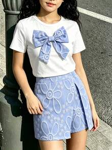 2件組 青少年女孩夏季短袖3D蝴蝶結裝飾T恤 + 不對稱裙褲，清新甜美風，海灘度假休閒藍色套裝，適合日常上學、戶外玩耍、生日派對、好友出遊等多種場合 - 藍色 - 查看 1