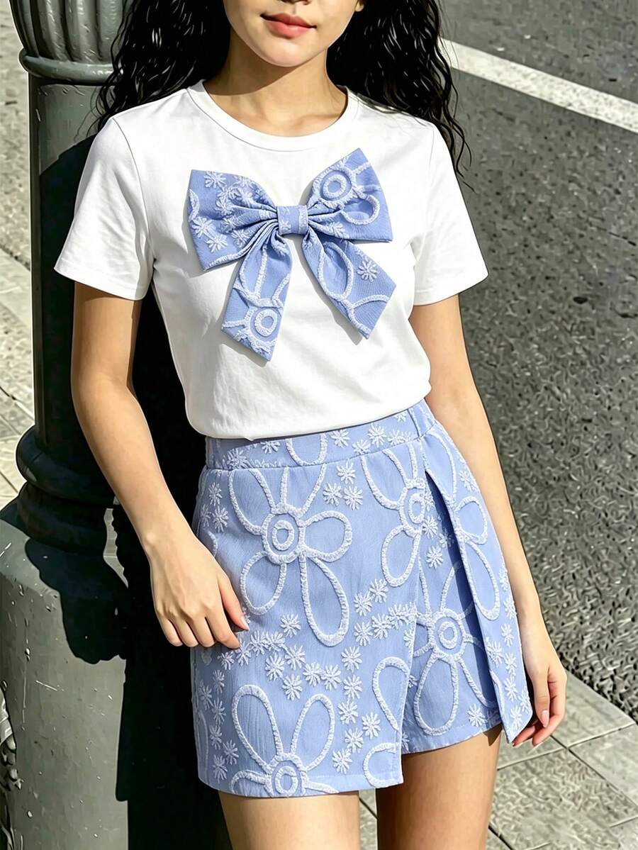 2件組 青少年女孩夏季短袖3D蝴蝶結裝飾T恤 + 不對稱裙褲,清新甜美風,海灘度假休閒藍色套裝,適合日常上學、戶外玩耍、生日派對、好友出遊等多種場合 - 藍色 - 查看 1