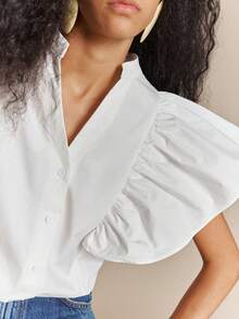 SHEIN French-Style Casual White Pure Cotton V-Neck Button-Down Shirt With Oversized Flutter Sleeves-Perfect For Work, Holidays, Or Casual Outings. - White - View 2