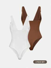 SHAPORA Women's Fashion Minimalist Solid Color Bodysuit 2pcs Set - Multicolor - View 2