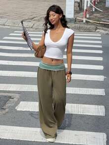 Aloruh Olive Green Striped Patchwork Waistband Sweatpants - Olive Green - View 5