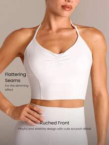 GLOWMODE FeatherFit™ Breathable Lightweight Ruched Front Princess Seams Adjustable Halter Crop Tank Summer Yoga Pilates Gym - White - View 3