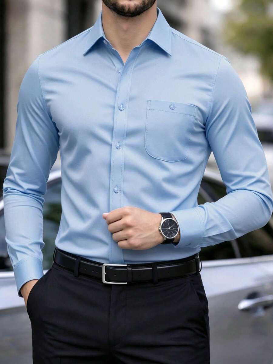 Manfinity Mode Kemeja Pria Lengan Panjang Polos, Bahan Elastis, Anti Kerut, Kemeja Formal Kasual Bisnis, Warna Biru Muda, Cocok untuk Musim Gugur dan Upacara. - Baby Blue - View 1