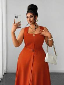 Maweii Vestido largo de línea A de talla grande, estilo vintage caramelo, cuello cuadrado, sin mangas, con ajuste ceñido a la cintura y efecto adelgazante con cinturón, estilo elegante de oficina francés - Naranja - Ver 3