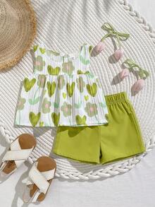 SHEIN Playful Pals 女嬰兩件式夏季圓領無袖上衣與紅色短褲套裝，清新紅白配色，梭織面料，寬鬆版型，甜美優雅田園風，滿版櫻桃圖案，活潑可愛，適合日常外出、上學通勤、參加派對、生日派對與度假旅行 - 綠色 - 查看 2