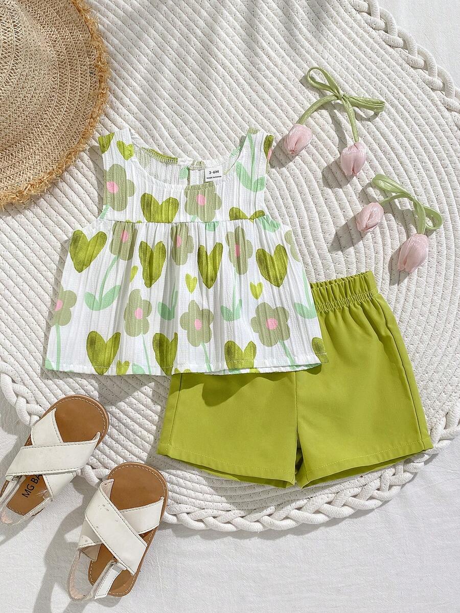 SHEIN Playful Pals 女嬰兩件式夏季圓領無袖上衣與紅色短褲套裝，清新紅白配色，梭織面料，寬鬆版型，甜美優雅田園風，滿版櫻桃圖案，活潑可愛，適合日常外出、上學通勤、參加派對、生日派對與度假旅行