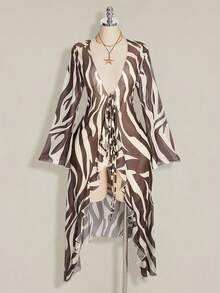 SHEIN ICON 女款大尺碼斑馬紋V領休閒百搭日常上衣 - 棕色 - 查看 3