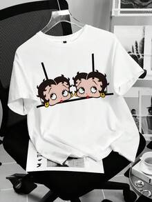 Betty Boop x SHEIN T-shirt d'été à manches courtes pour femmes, col rond, imprimé de dessin animé, décontracté et polyvalent - Blanc - Voir 3