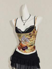 SHEIN ICON 女款豹紋透視細肩帶上衣搭配黑色蕾絲內衣 2件套 - 彩色 - 查看 6