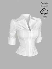 Sweetra Blusa de mujer nueva de algodón puro blanco, minimalista, corte ajustado, para oficina y desplazamientos, elegante, estilo de alta inteligencia, diseño de doble cremallera, manga corta y cuello en V - Blanco - Ver 1
