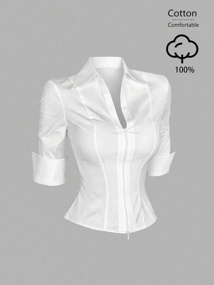 Sweetra Blusa de mujer nueva de algodón puro blanco, minimalista, corte ajustado, para oficina y desplazamientos, elegante, estilo de alta inteligencia, diseño de doble cremallera, manga corta y cuello en V - Blanco - Ver 1