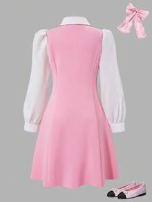 SHEIN Tween Girls White Soft Pink Colorblock Long Sleeve Dress With Pearl Button Decoration, Princess Style Cute Preppy School Back-To-School Autumn - Pink - View 2
