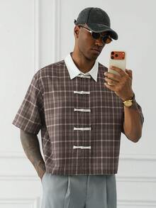 HUEFORM Men's Fashion Plaid Print  Frog-Button Mandarin  Cropped Fit Shirt ,Perfect For Those Who Care About Style In Their Outfits. - Khaki - View 6