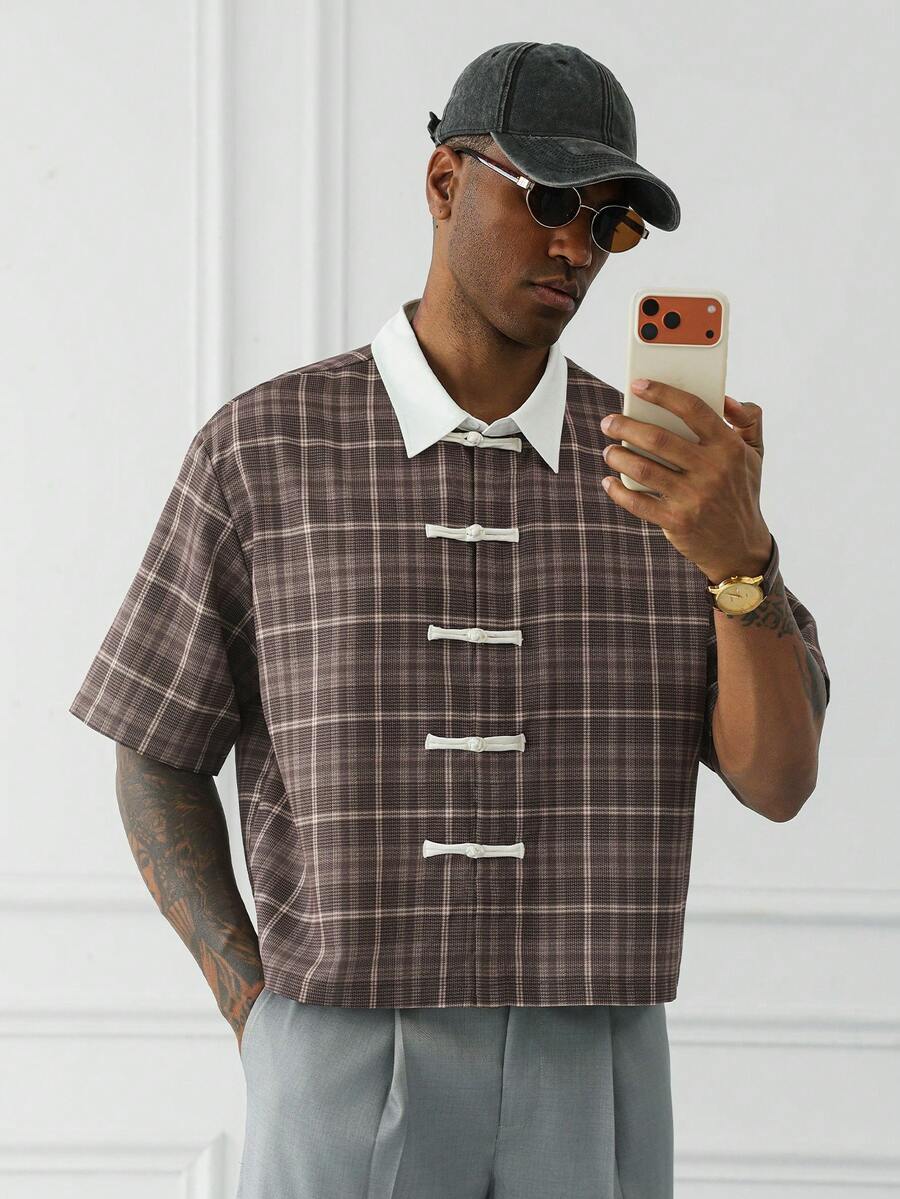 HUEFORM Men's Fashion Plaid Print  Frog-Button Mandarin  Cropped Fit Shirt ,Perfect For Those Who Care About Style In Their Outfits. - Khaki - View 1