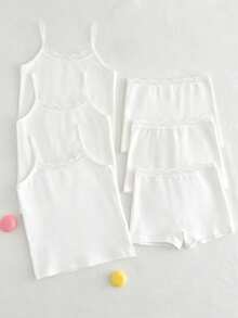 6pcs/Set Young Girl' Basic Sweet Minimalist Multi-Color Lace Trim Camisole & Boyshort Underwear Set Girl Cotton Shorts Sets 6t Summer - White - View 2
