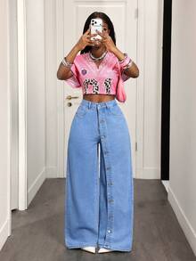 Slaydiva Celana Panjang Denim Biru Lebar Wanita Gaya Jalanan Luar Ruangan Kancing Depan Banyak Saku Modis - Medium Wash - View 6