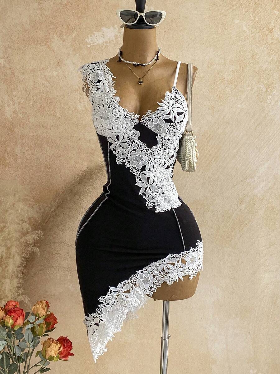 Soleia Sexy Spaghetti Strap V-Neck Lace Trim Contrast Color Fitted Asymmetrical Hem Bodycon Mini Dress For Women, Party Night Out, Date, Boho, Vacation - Black - View 1