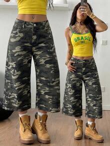 SHEIN Teen Girls Camouflage Denim Loose Wide Leg Long Pants Fall Winter Halloween Y2k Graduation Back To School - Army Green - View 1