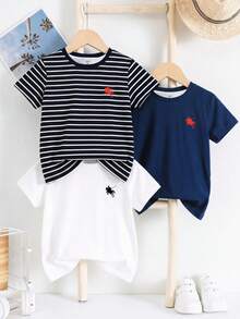Conjunto de 3 piezas de camiseta para niño pequeño, adecuado para primavera y verano, estampado de rayas vintage clásico, estampado de patrón de caballero con logotipo clásico y exquisito - Multicolor - Ver 2