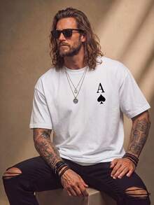 Fenqiro 男士 Ace Of Spades 黑桃撲克圖案印花 T-shirt，黑白配色夏季街頭風城市度假復古 Y2K 大廓型寬鬆巴洛克框架上衣 - 白色 - 查看 4