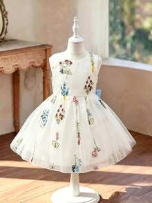 Glamorique Kids 女嬰白色夏季花卉刺繡背心洋裝，V領露背設計，可拆式緞面大蝴蝶結，生日派對花童婚禮晚宴優雅風 - 杏色 - 查看 5
