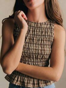 Poéselle Women's Smocked Brown Plaid Peplum Tank Top,Sleeveless Boat Neck Gingham Ruffle Hem Summer Top,Casual Cottage Core Style For Picnic,Beach & Fashion - Navy Blue - View 3