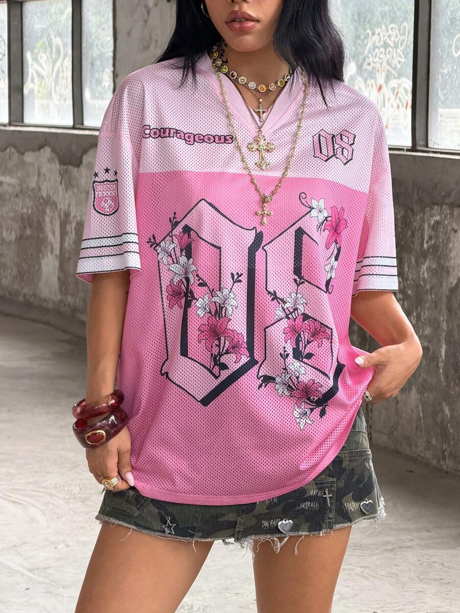 Coolane 女款花卉數位印花休閒百搭日常穿著T恤 - 粉色 - 查看 1